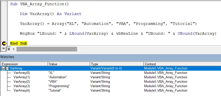Array Watch Window Outout